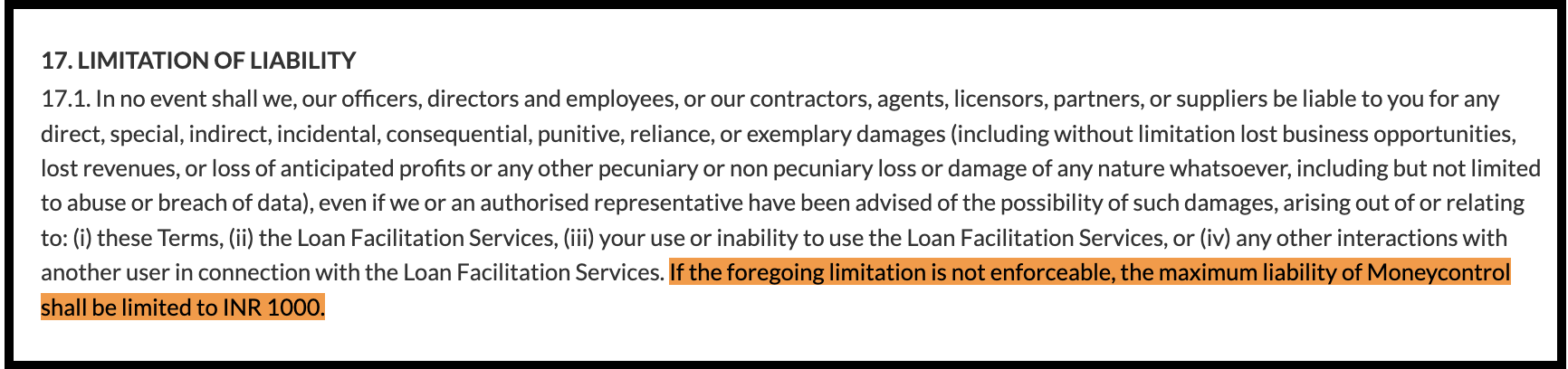 Moneycontrol Dot Com India Limited website terms and conditions section highlighting the limitation of liability clause capped at INR 1,000.