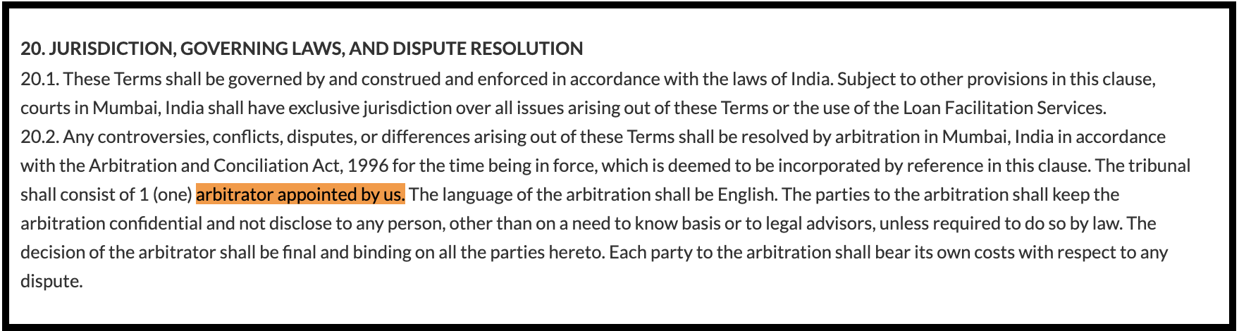 Moneycontrol Dot Com India Limited website terms and conditions section detailing jurisdiction, governing laws, Mumbai arbitration rules, and company-appointed arbitrator provisions.