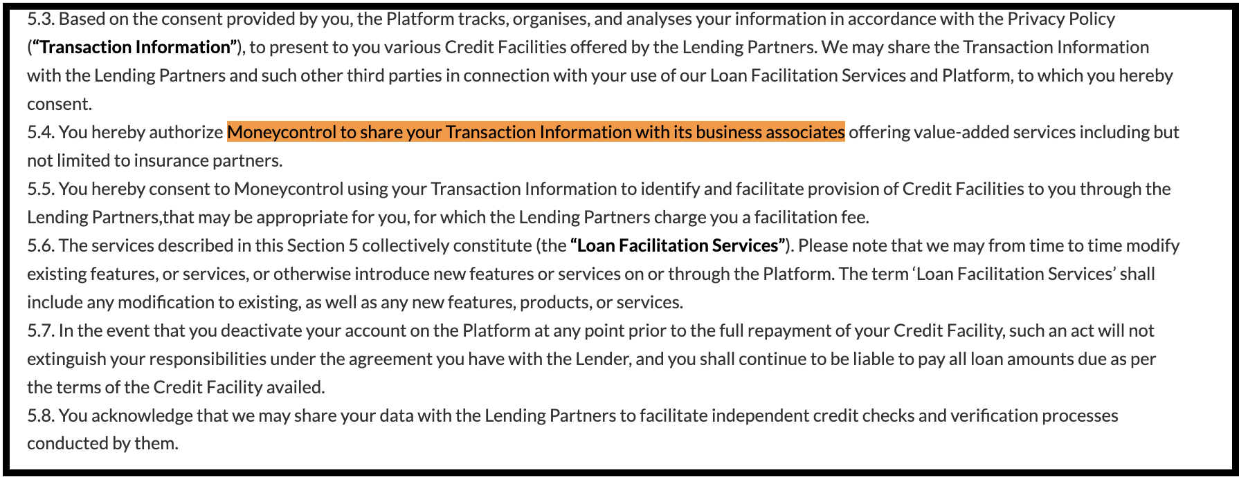 Moneycontrol website terms and conditions section detailing the sharing of transaction information with lending partners, affiliates, and insurance associates for loan facilitation services.