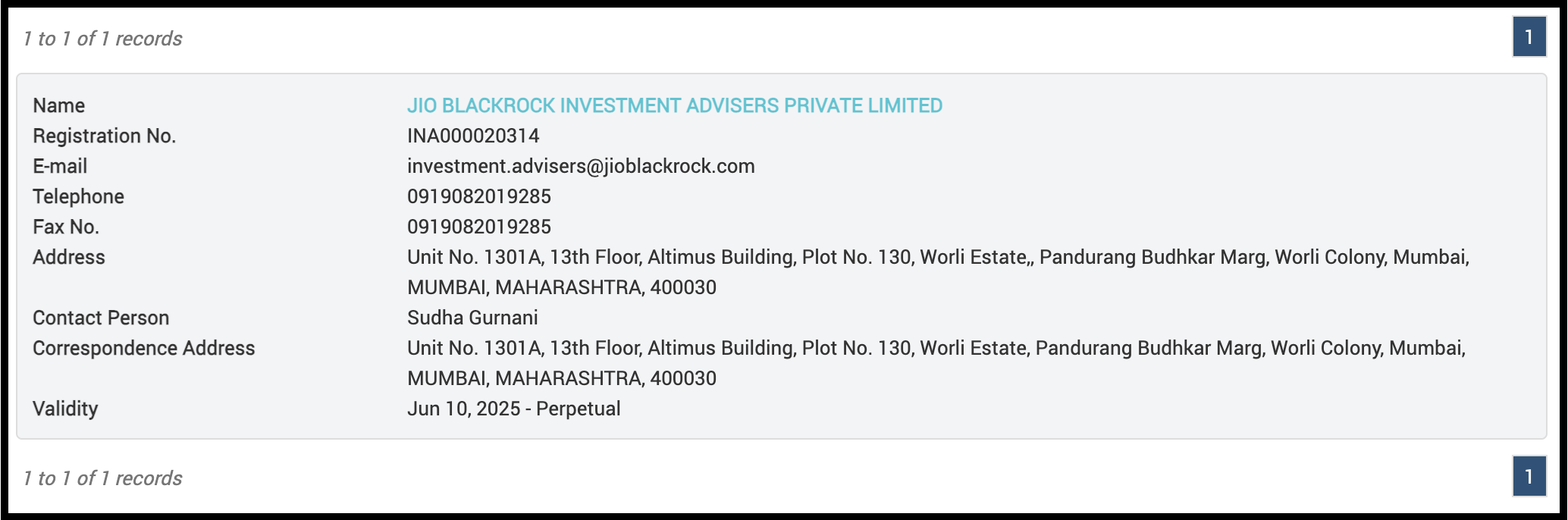 Official SEBI registration details for JioBlackRock Investment Advisers Private Limited.