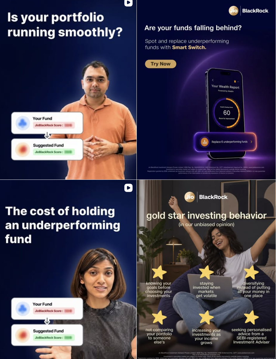 Instagram feed graphic displaying fund comparisons, portfolio health checks, and advisory features for JioBlackRock Investment Advisers.