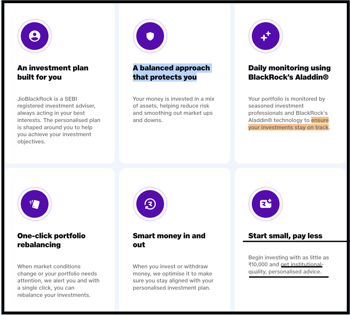 JioBlackRock Investment Advisers feature grid highlighting personalized investment plans, balanced approaches, Aladdin portfolio monitoring, and starting amounts.