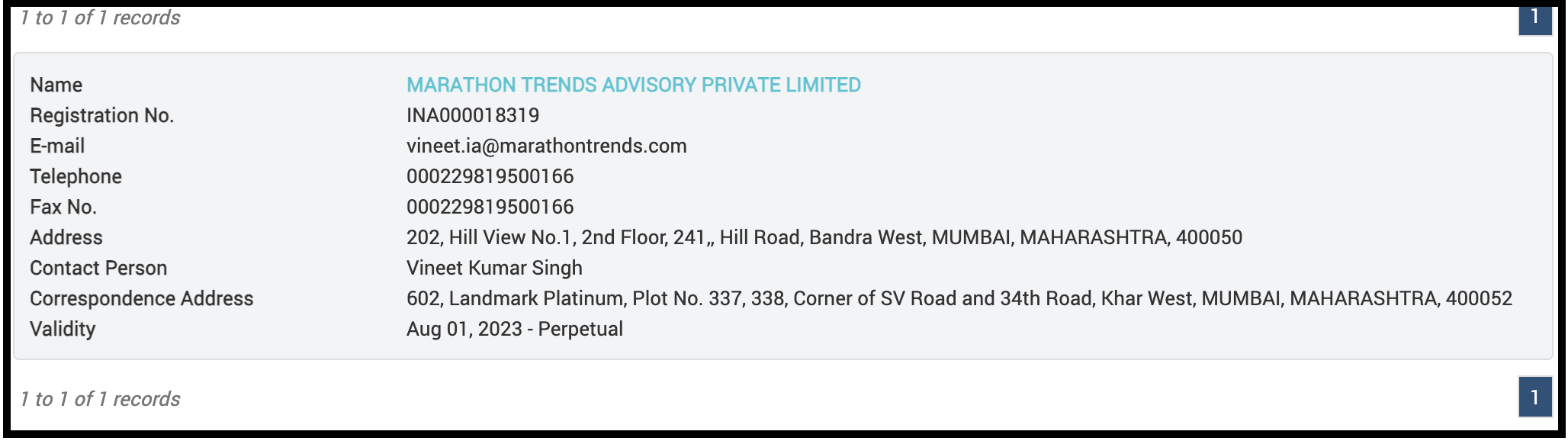 Official SEBI registration details for Marathon Trends Advisory Private Limited