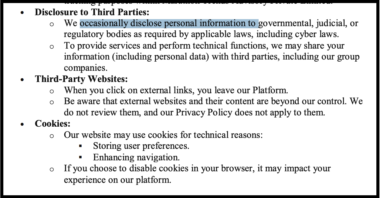 Marathon Trends Advisory website privacy policy and terms section detailing third-party website links, cookie preferences, and data sharing disclaimers.