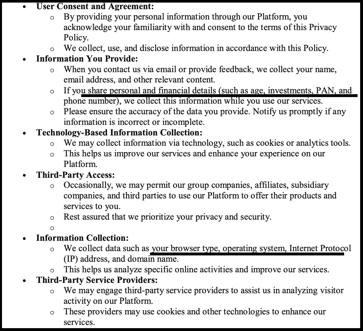 Marathon Trends Advisory website privacy policy section detailing user consent, personal and financial information collection, and third-party data sharing terms.
