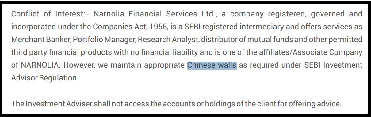 Narnolia Financial Services conflict of interest and Chinese wall disclosure
