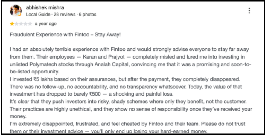 Google Play Store review screenshot for Finnovate Financial Services highlighting a 1-star rating and customer grievances concerning unresponsiveness, poor follow-up, and investment losses.
