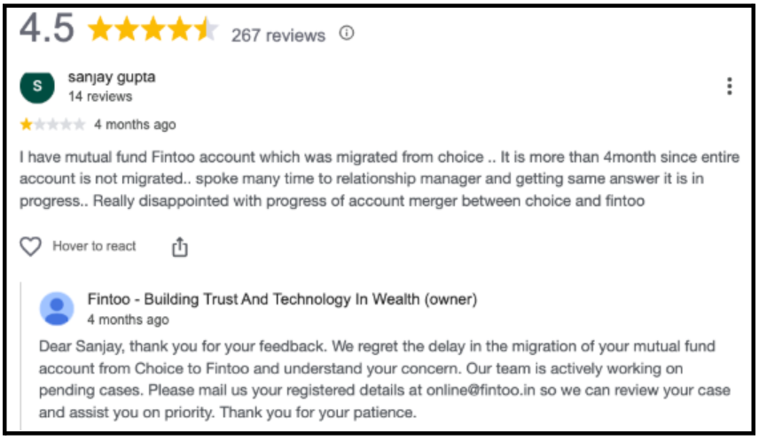 Google Play Store review screenshot for Fintoo showing a 4.5-star rating, a user comment regarding a 4-month mutual fund account migration delay, and the official Fintoo reply.
