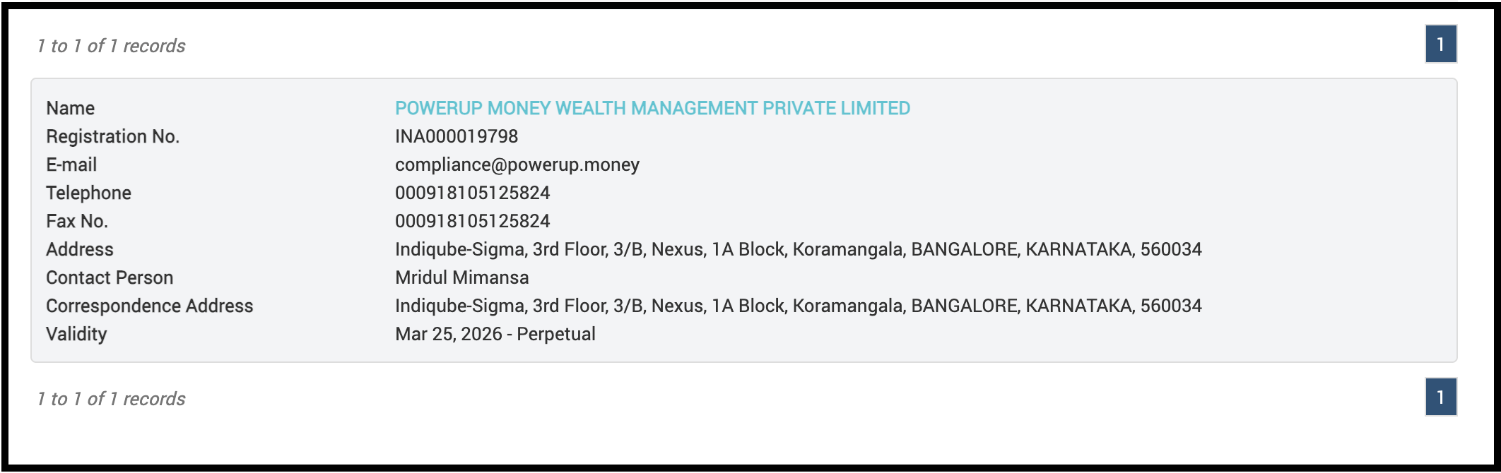 SEBI registration details table for PowerUp Money Wealth Management