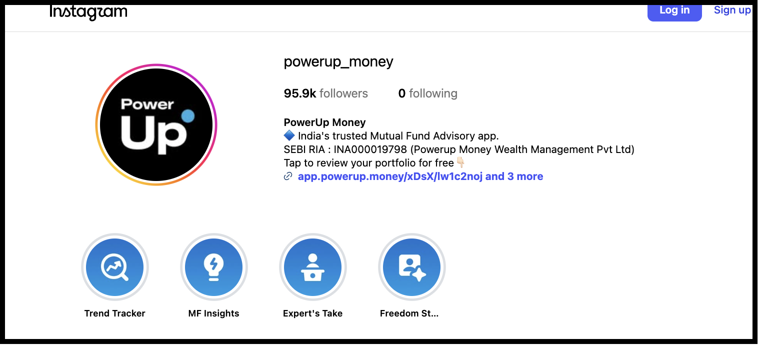 PowerUp Money Wealth Management Instagram profile page showing follower count and mutual fund advisory bio details