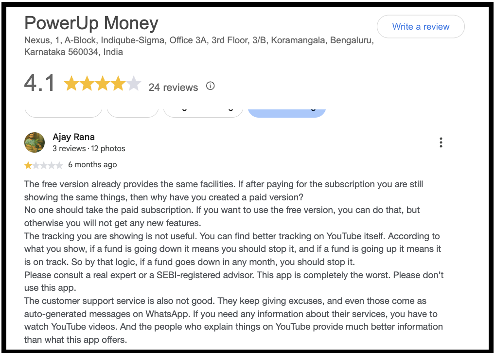 PowerUp Money app store review screenshot showing user feedback about paid subscription value and support