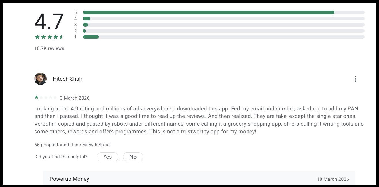 PowerUp Money app store review screenshot showing user feedback about persistent sales calls and outreach