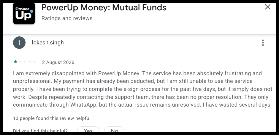 PowerUp Money app store review screenshot showing user feedback about payment deductions and e-sign delays
