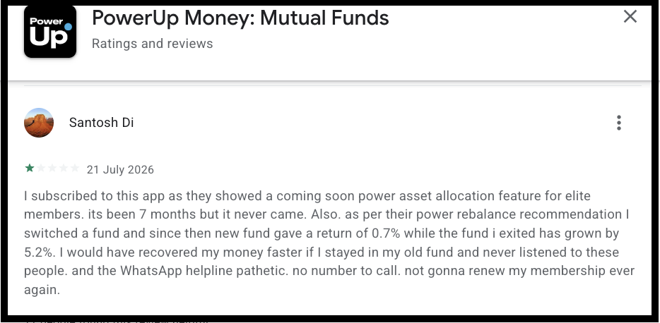 PowerUp Money app store review screenshot showing user feedback about coming soon features and rebalancing fund performance