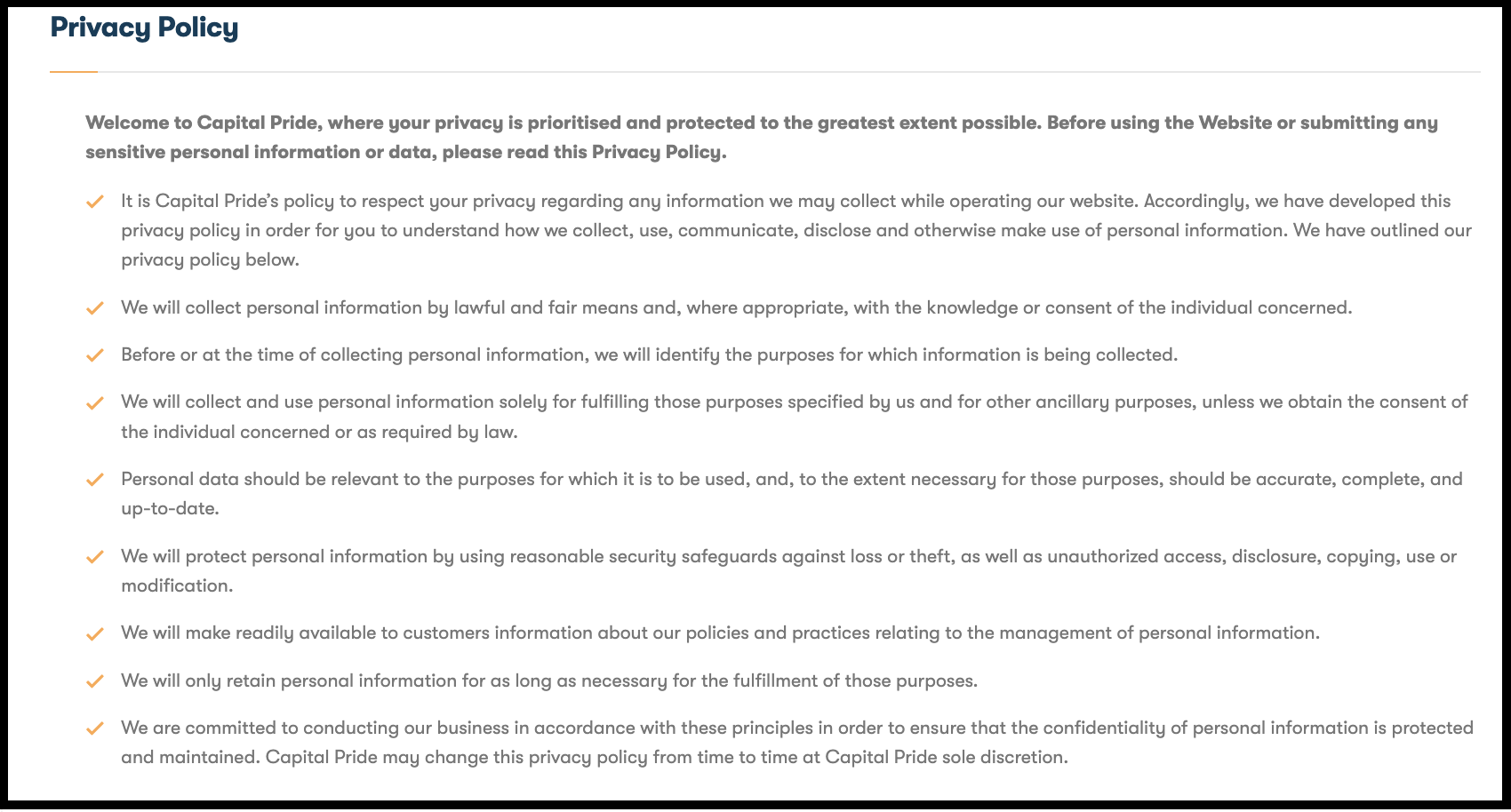 Capital Pride investment adviser privacy policy screenshot detailing data collection and security practices