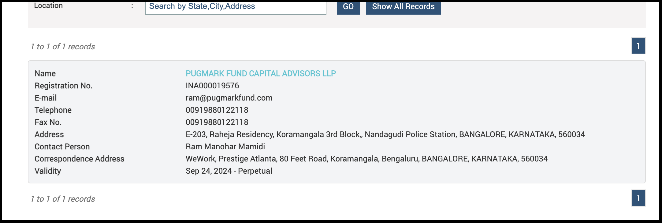 SEBI registration details and data record for Pugmark Fund Capital Advisors LLP
