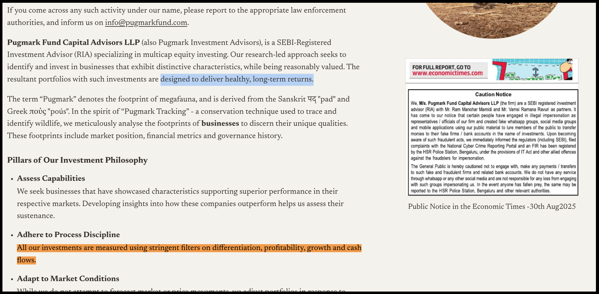 Pugmark Fund Capital Advisors investment philosophy and long-term return goals excerpt