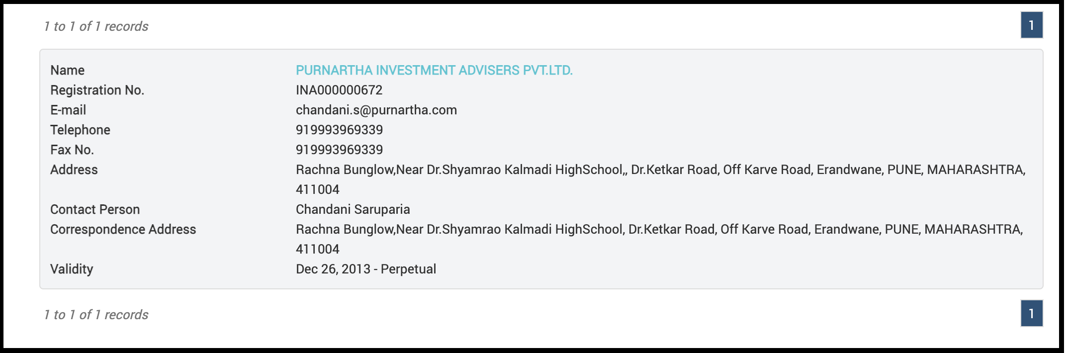 SEBI registration details and verification record for Purnartha Investment Advisers