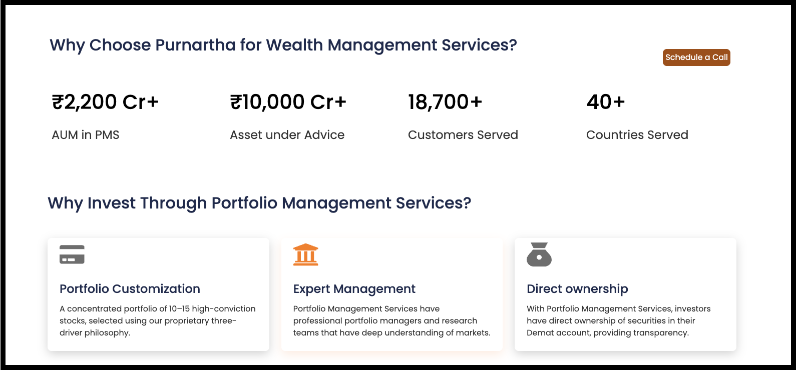 Purnartha wealth management services overview showing AUM and customer count