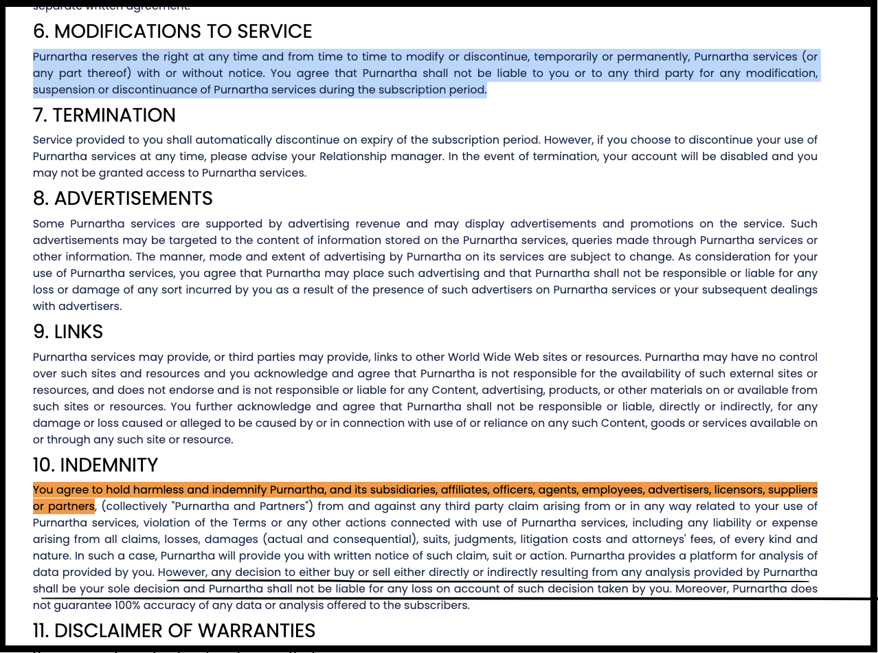 Purnartha Investment Advisers website terms and conditions showing indemnity clause