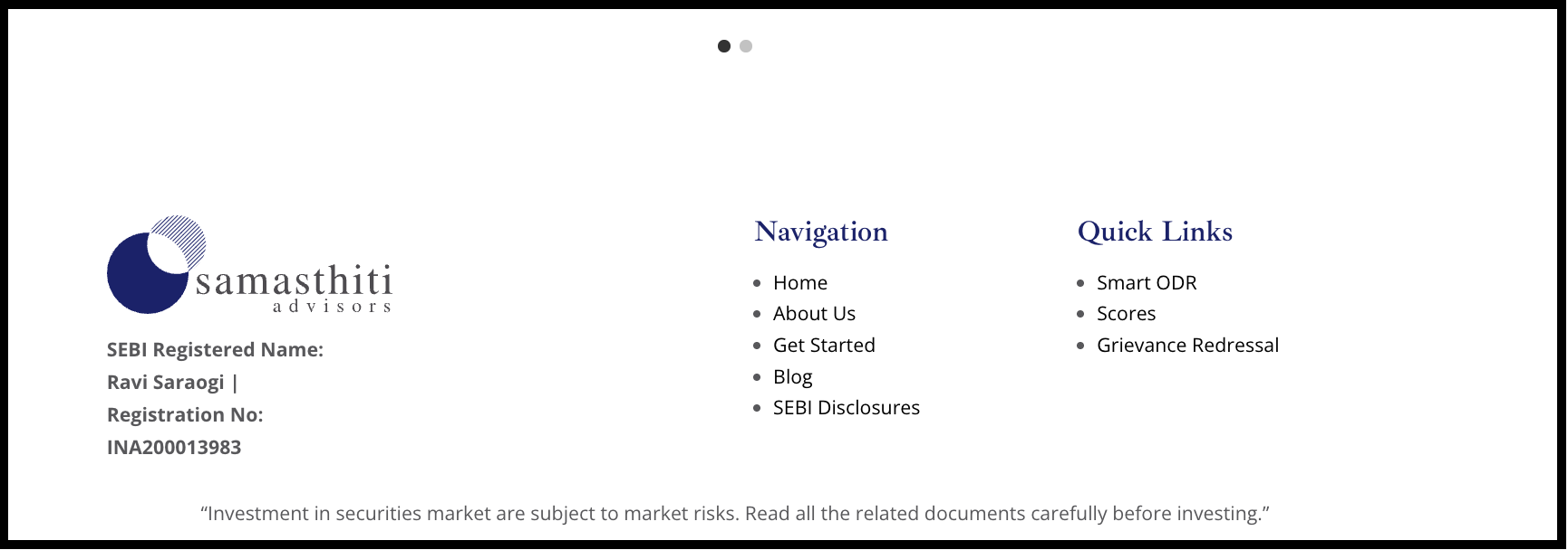 Samasthiti Advisors website footer showing missing advisory disclosures and policy links