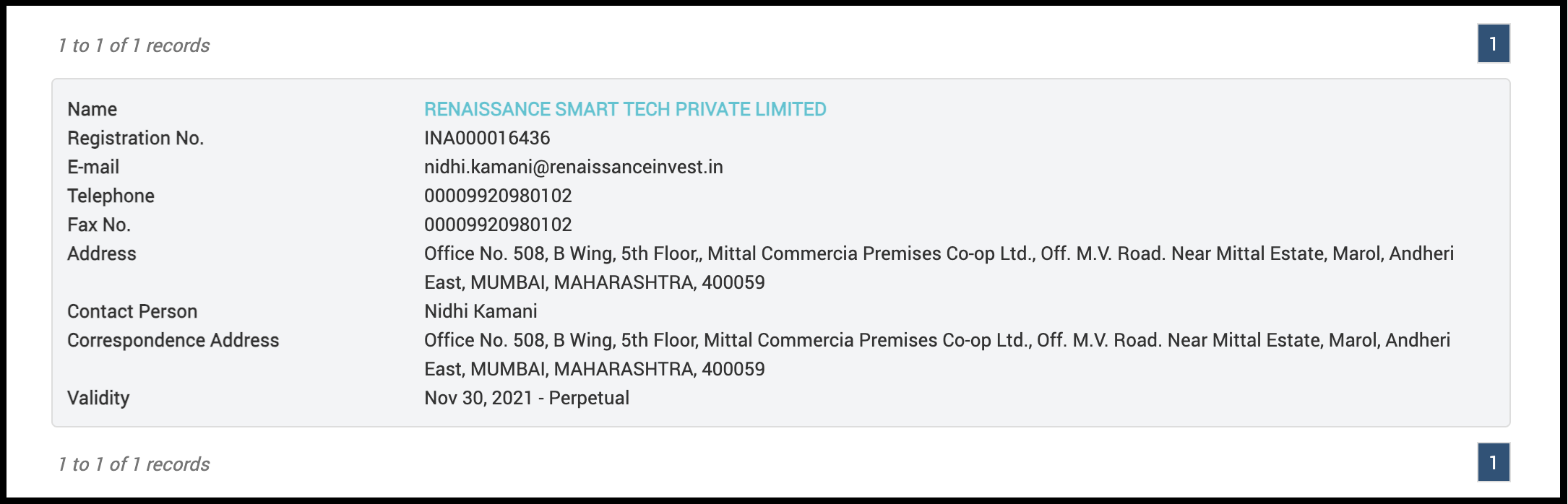 Renaissance Smart Tech official SEBI registration details