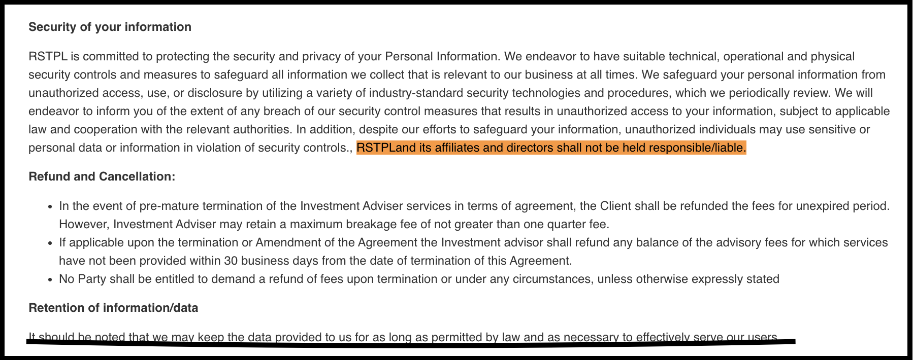 Renaissance Smart Tech privacy policy and terms showing limitation of liability for data breaches