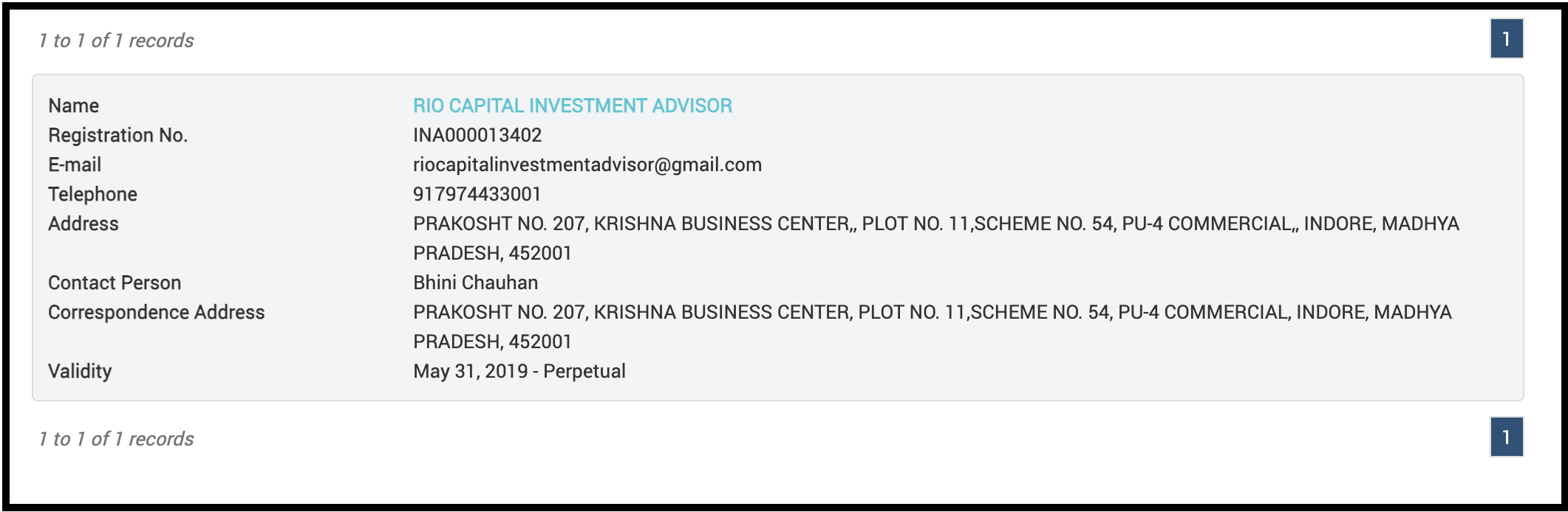 Rio Capital Investment Advisor official SEBI registration details
