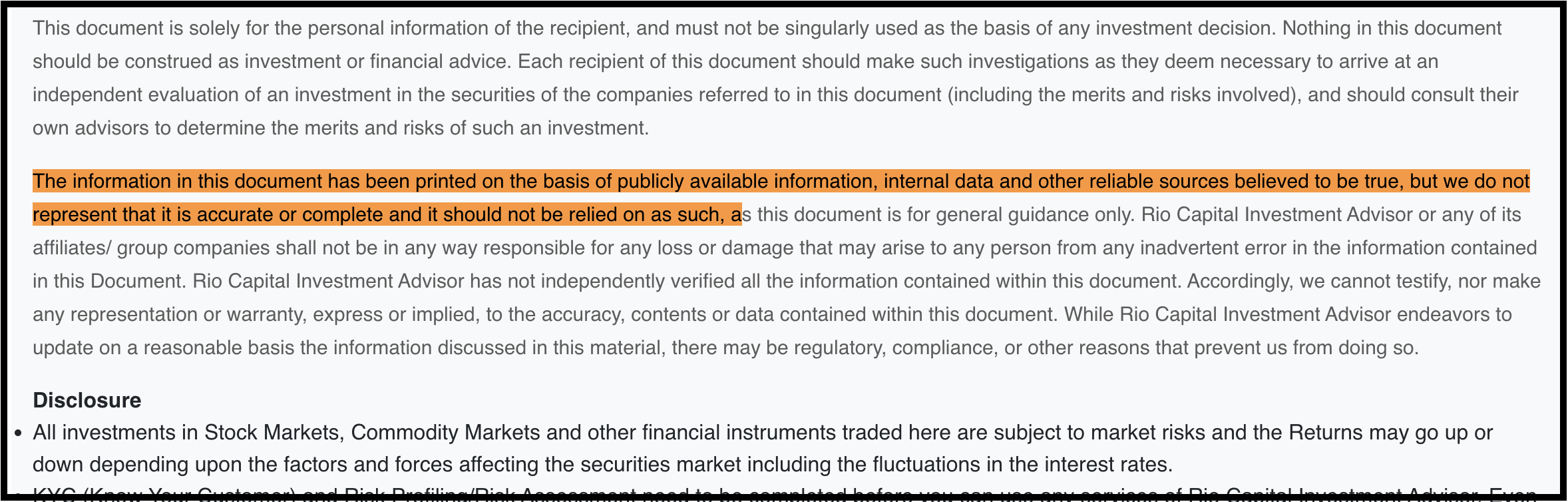 Rio Capital website disclaimer warning against treating content as investment advice