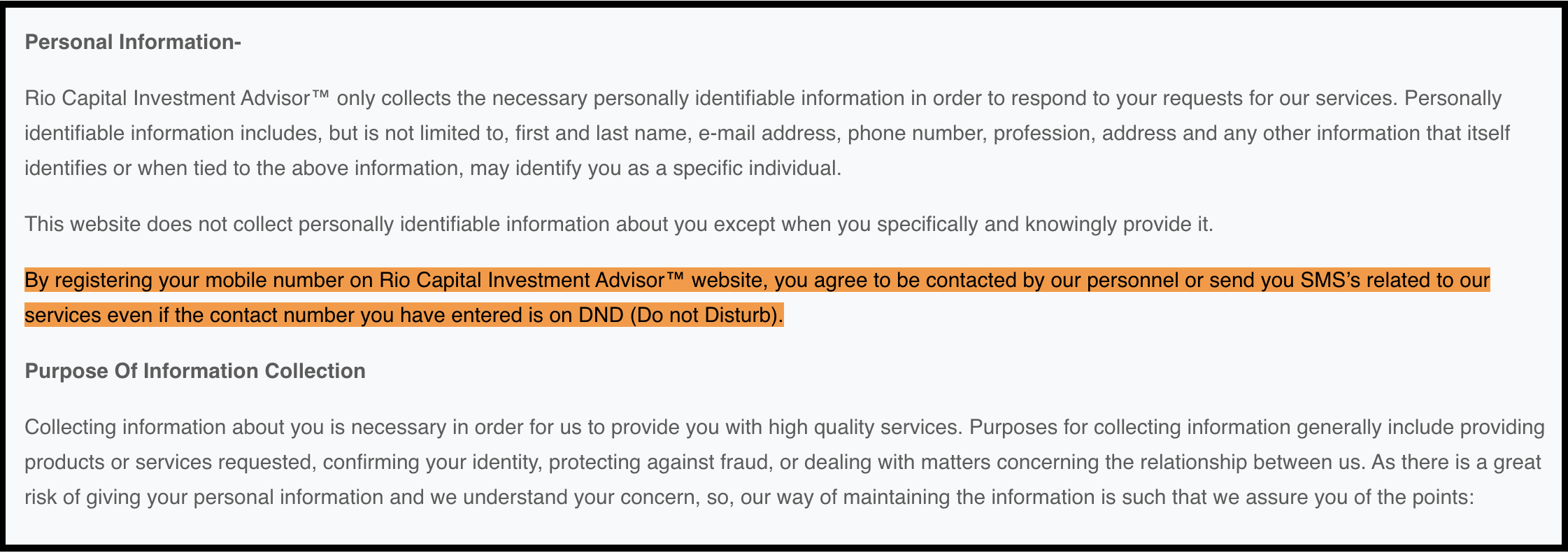 Rio Capital Investment Advisor website privacy policy highlighting personal information collection and DND consent