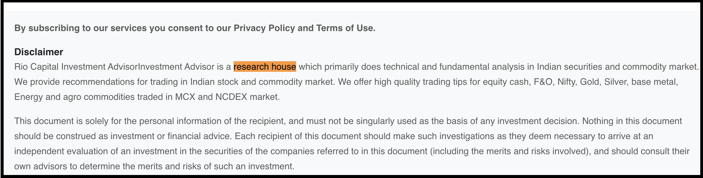Rio Capital Investment Advisor disclaimer text describing the firm as a research house