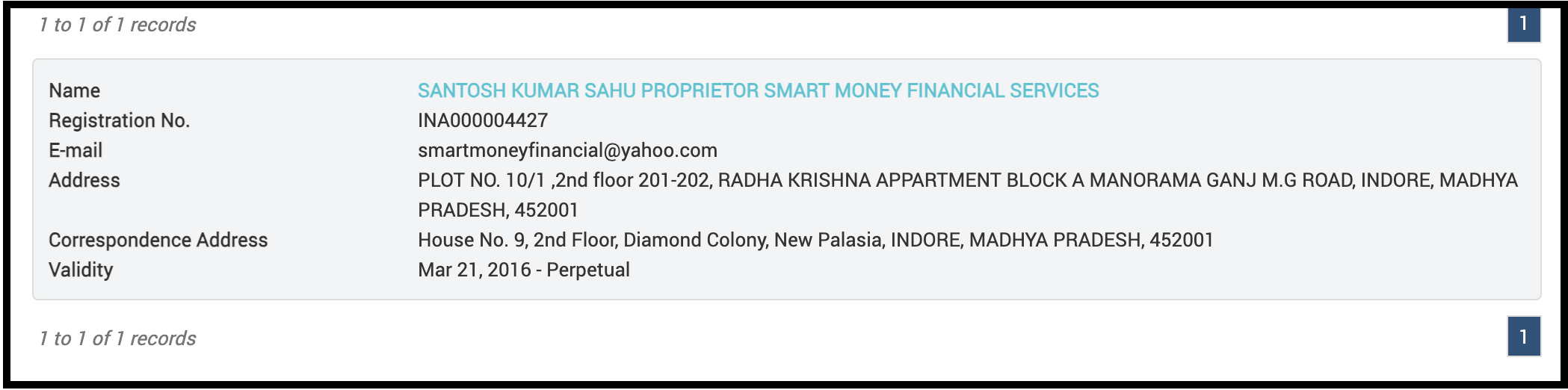 SEBI registration details for Smart Money Financial Services