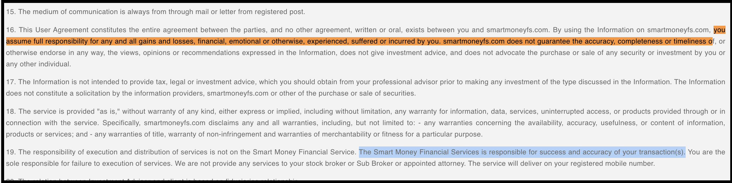Smart Money Financial Services website terms and conditions showing liability disclaimers