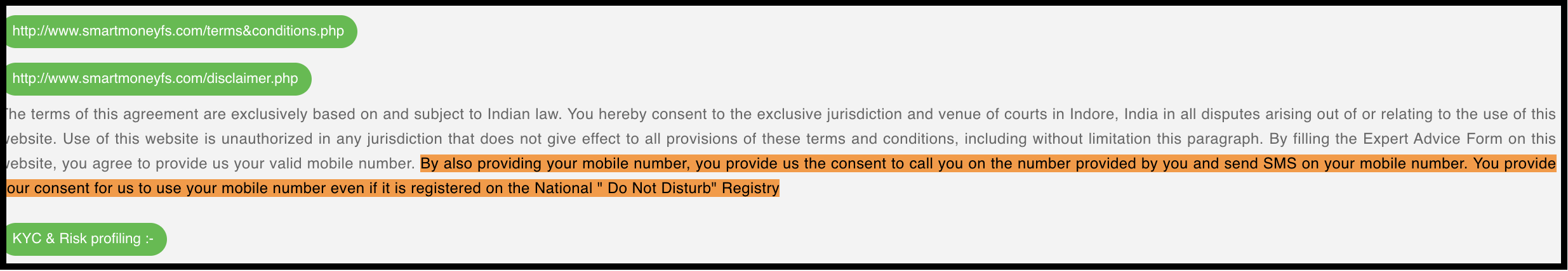 Smart Money Financial Services terms and conditions highlighting DND registry consent clauses