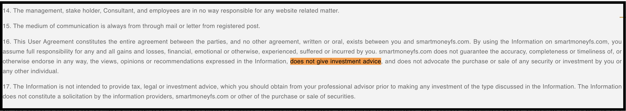 Smart Money terms excerpt stating the website does not provide investment advice despite IA registration