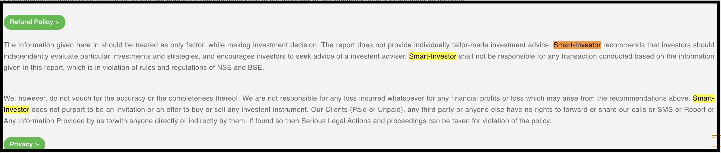 Smart Money Financial Services terms excerpt highlighting the mismatched name Smart-Investor in the refund policy