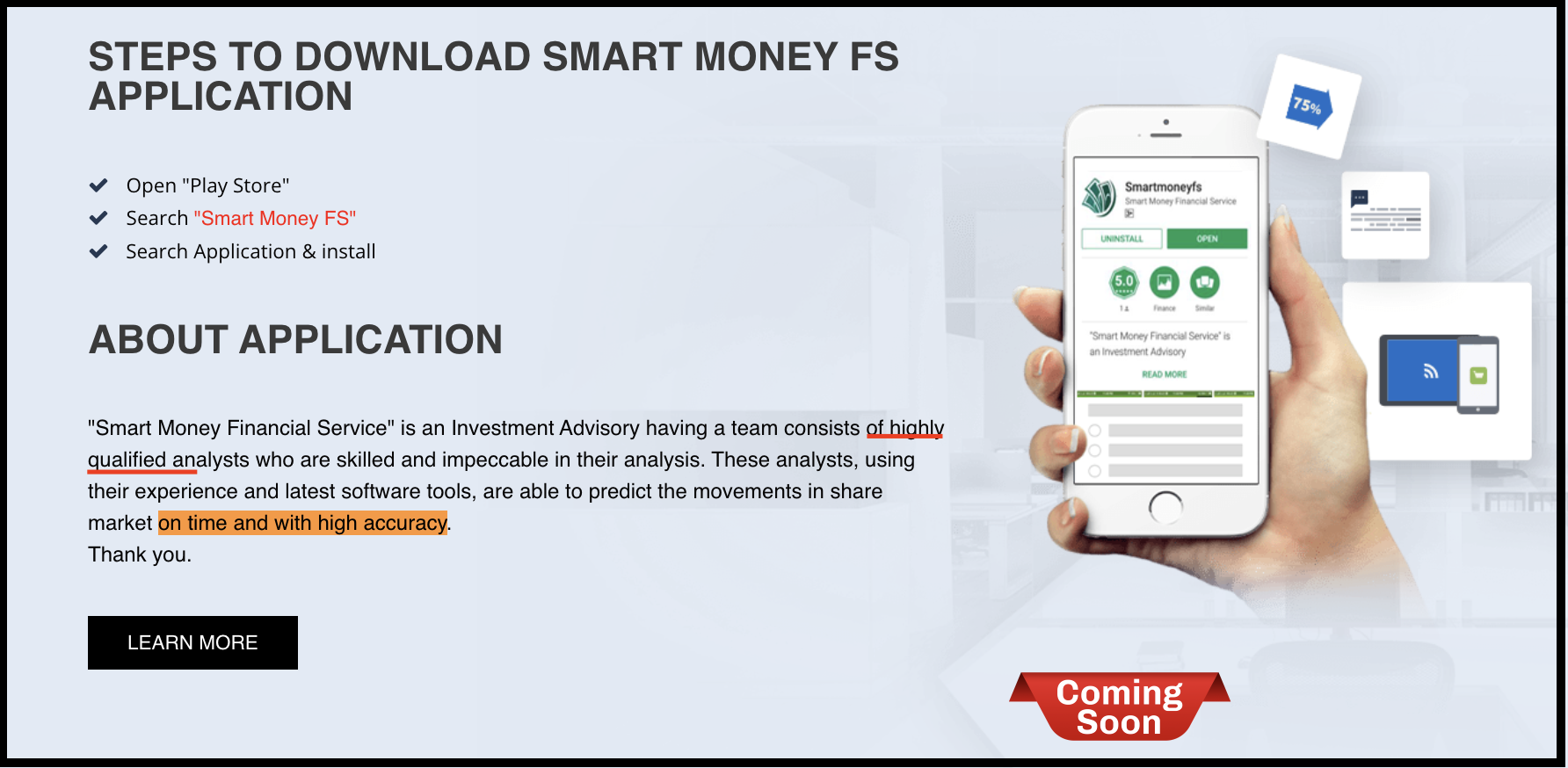 Smart Money Financial Services mobile app download instructions highlighting market prediction accuracy claims