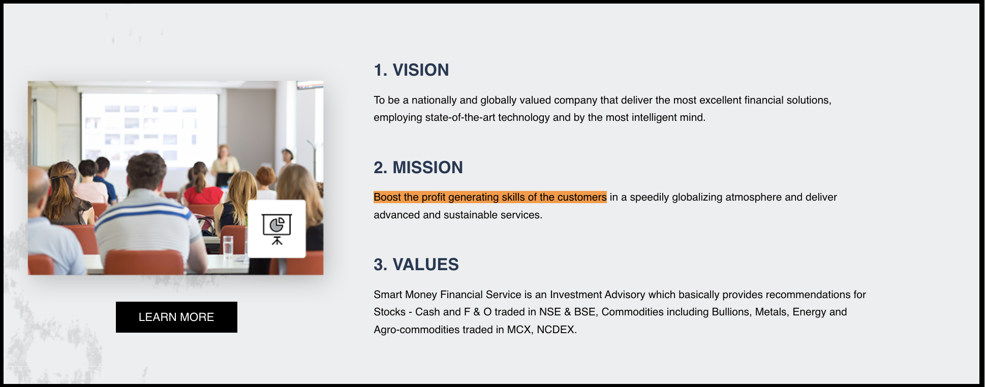 Smart Money Financial Services vision, mission to boost customer profits, and core advisory values