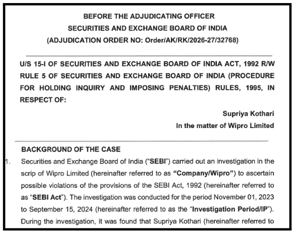 SEBI adjudication order title page regarding Supriya Kothari in the matter of Wipro Limited
