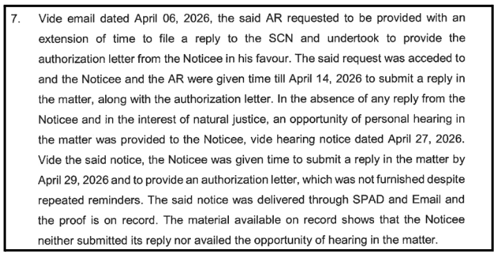 Excerpt detailing the April 14 extension, April 27 hearing notice, and ex-parte decision 