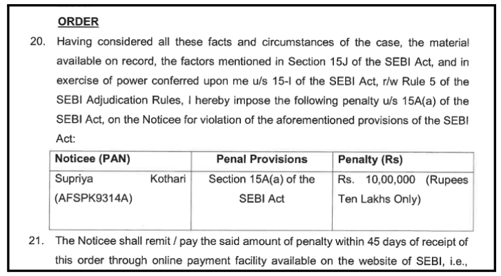 SEBI adjudication order excerpt showing the ₹10 lakh penalty imposition and online payment instructions for Supriya Kothari