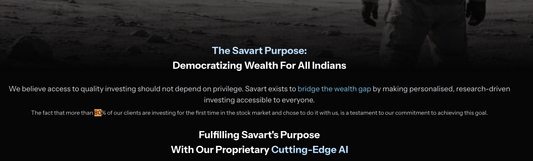 Savart promotional banner highlighting its proprietary cutting-edge AI research and wealth democratization claims