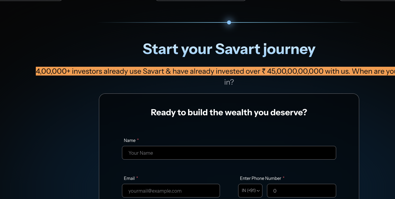 Svobodha Infinity Investment Advisors platform screenshot highlighting user scale claims of over 400,000 investors and ₹45,000 crore invested