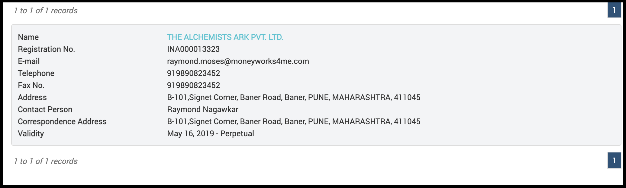 SEBI registration details table for The Alchemists Ark Pvt. Ltd.