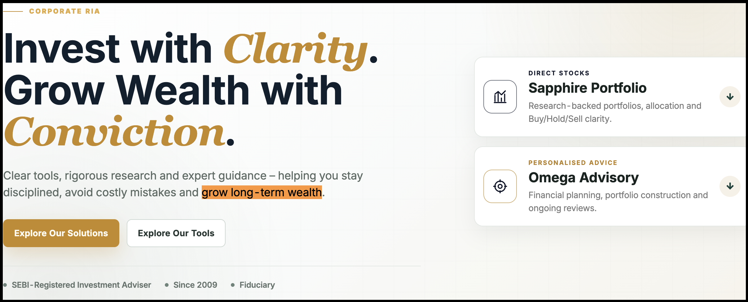 long-term wealth growth and research-led advisory claims on website
