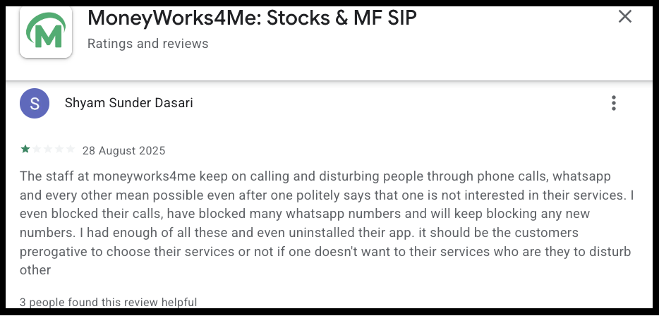 MoneyWorks4Me app store review screenshot showing user feedback about sales calls