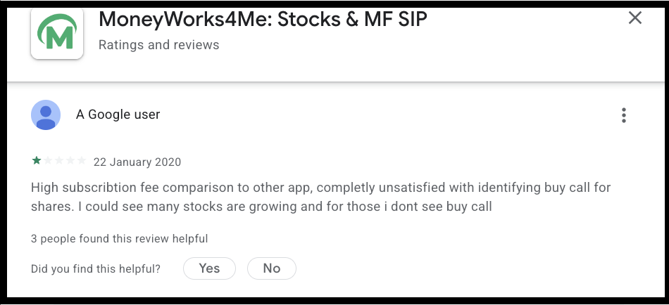 MoneyWorks4Me app store review screenshot showing user feedback about subscription pricing and buy calls