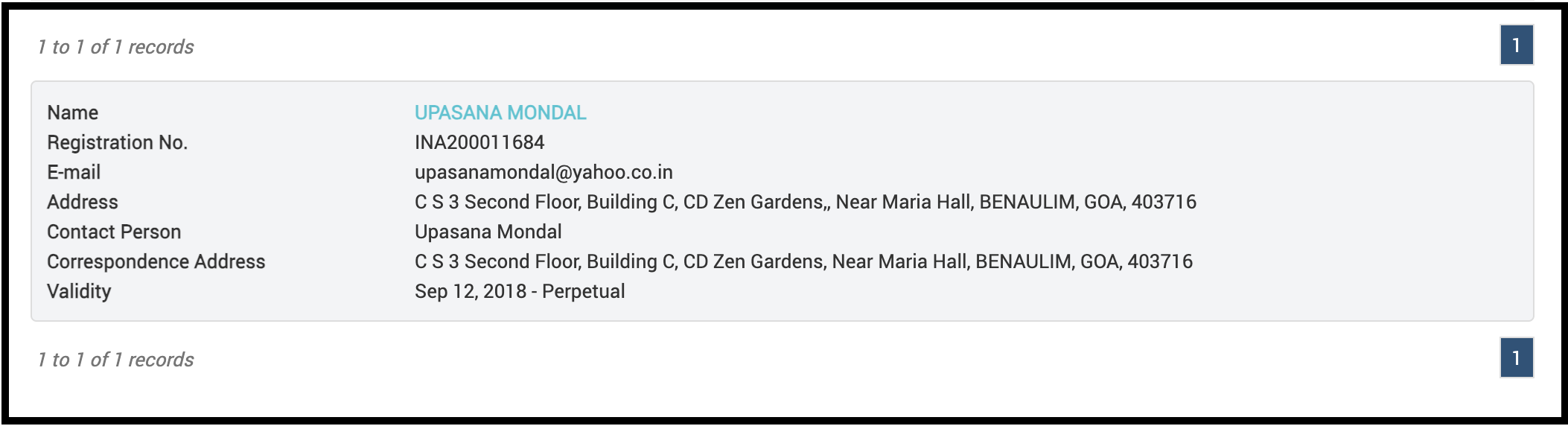 SEBI registration details table for Upasana Mondal including registration number, address, and validity