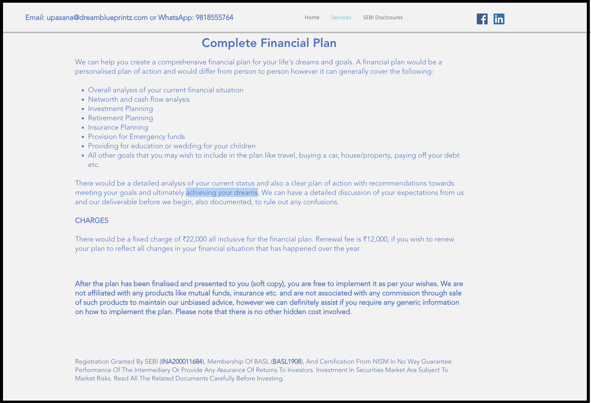 Document excerpt detailing comprehensive financial planning services including insurance planning and investment advisory scope for Upasana Mondal