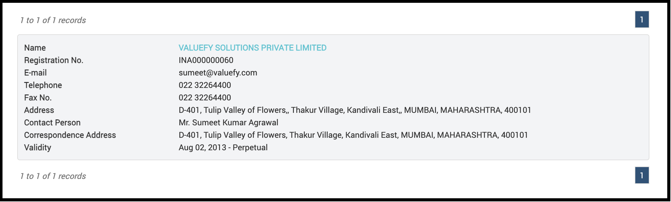 SEBI registration details table for Valuefy Solutions Private Limited